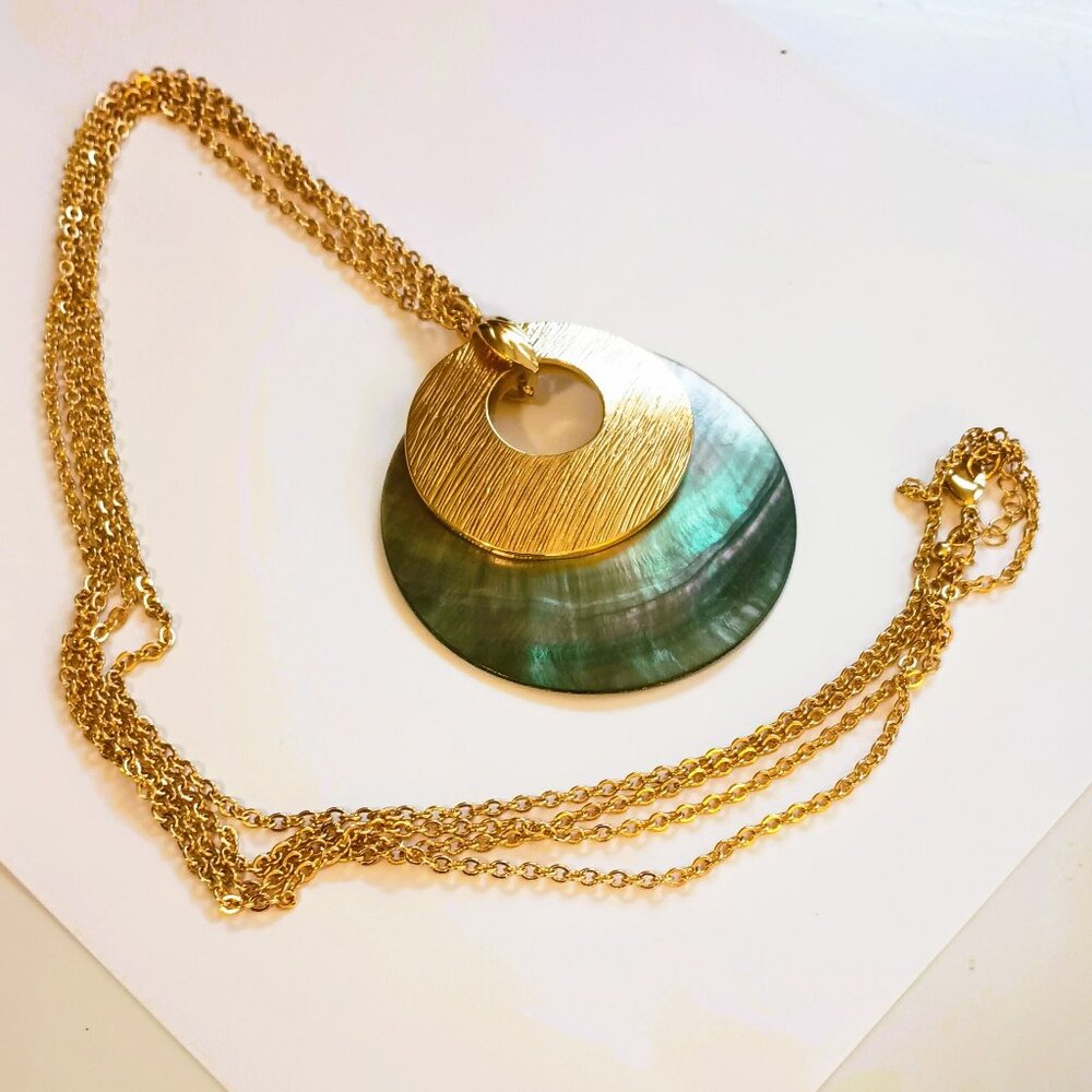 Abalone Disc Pendant Necklace 36" Brushed Gold Tone 2 Stand Chain Shall Jewelry